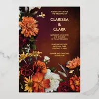 Bold Orange Rust Fall Floral Modern Wedding  Foil Invitation