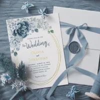 Dusty Blue Floral Watercolor Gold Foil Wedding Foil Invitation