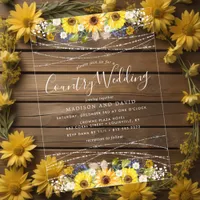 Rustic Sunflower String Lights Country Wedding Acrylic Invitations