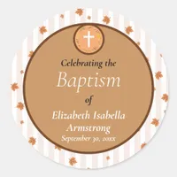 Terracotta Stripe and Leaf Wreath Fall Baptism Classic Round Sticker