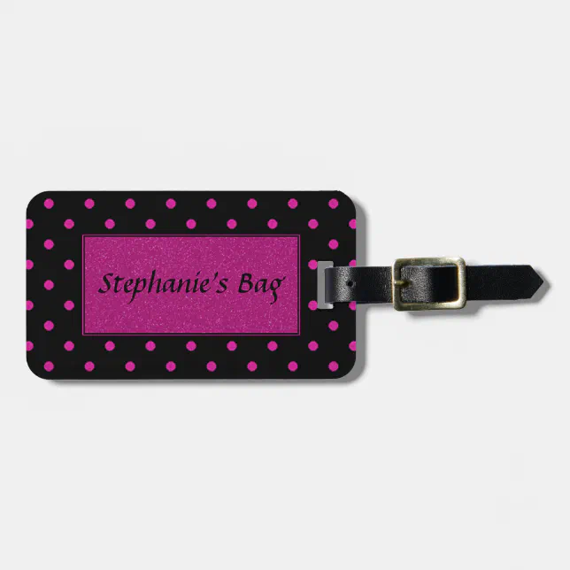 Bright Pink Dots on Black Background Luggage Tag