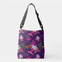 Hummingbird Tropical Flower Purple Pink Patterned Crossbody Bag