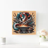 Crafty Cat Blacksmith in Colorful Fantasy Workshop Square Wall Clock