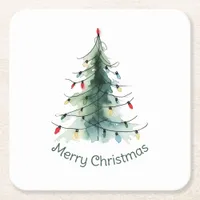 Minimalist Watercolor Christmas Tree Square Paper Coaster