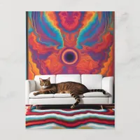 A cat on a white couch psychedelic colorful unique postcard