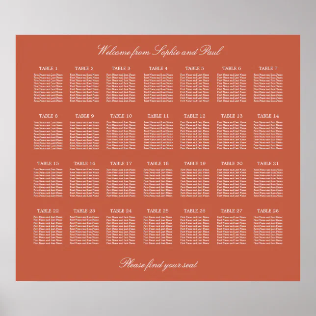 Terracotta 28 Table Wedding Seating Chart Poster