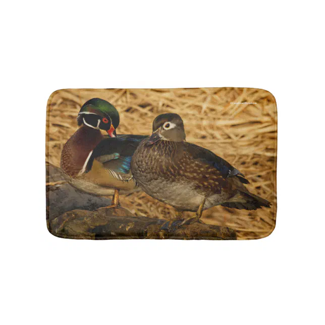 Preening Wood Ducks on a Log Bathroom Mat