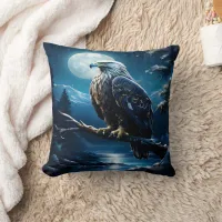 Eagle Perched on Branch Under Full Moonlight Throw Pillow