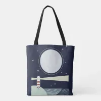 Minimalist lighthouse with moon and stars tote bag