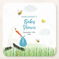 Rustic Stork with Bee & Butterfly Boy Baby Shower Square Paper Coaster