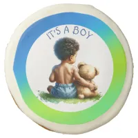 African-American Baby Boy with Teddy Baby Shower Sugar Cookie