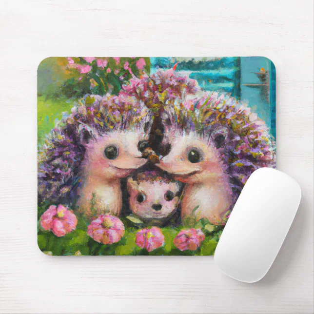 Cute Hedgehog Family in English Country Garden Mouse Pad