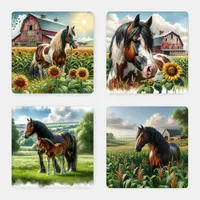 Brown Horses in Sunflower Meadows Coaster Set