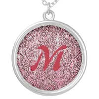 Monogram Brussels Lace Red Pattern Vintage Silver Plated Necklace