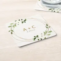 Wedding Geometric Watercolor Floral Rustic Wood Square Paper Coaster