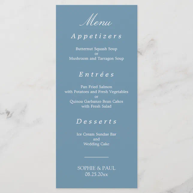 Elegant Dusty Blue Wedding Menu