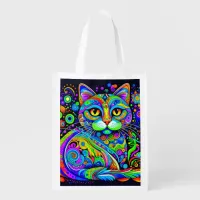 Cool Vibrant Whimsical Cat Reusable Grocery Bag