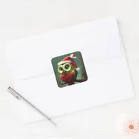 Vintage Rustic Cute Santa Owl Christmas Holiday Square Sticker