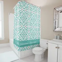 Teal Blue and White Moroccan Trellis Tile Print Shower Curtain