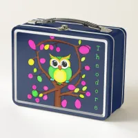 Happy owl in a multicolored tree metal lunch box