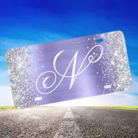 Silver Glitter Periwinkle Foil Fancy Monogram License Plate