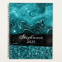 Marbled Teal Blue Glitter Glam Colorblock Planner