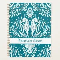 Seahorses Personalized Teal Blue White Damask Planner