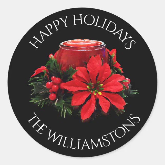 Festive Red Christmas Candle, Holly and Poinsettia Classic Round Sticker