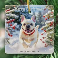 Cream French Bulldog in Snow Merry Christmas Ceramic Ornament