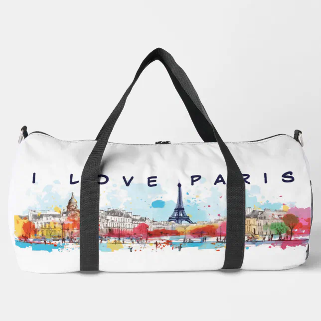 Watercolor Art of I love Paris Eiffel Tower Travel Duffle Bag