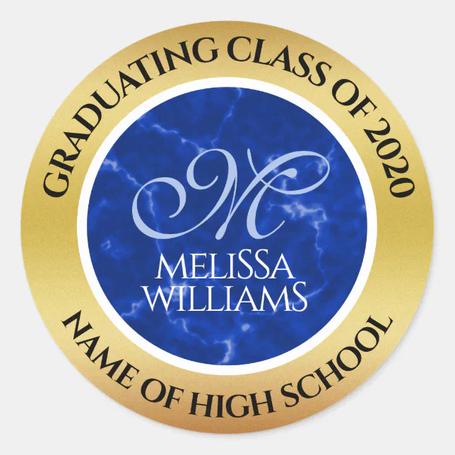 Elegant Graduation Monogram Blue Marble Gold Foil Classic Round Sticker