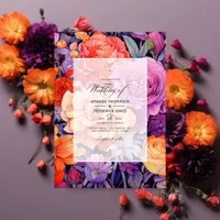 Tangerine, Hot-Pink & Royal Purple Floral Wedding Invitation