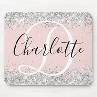 Silver Glitter Blush Black and White Monogram Mouse Pad