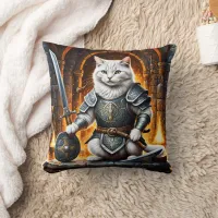 Armored Cat With Sword and Shield Throw Pillow