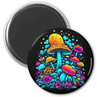 Retro Neon Mushrooms and Flowers Ai Art Magnet