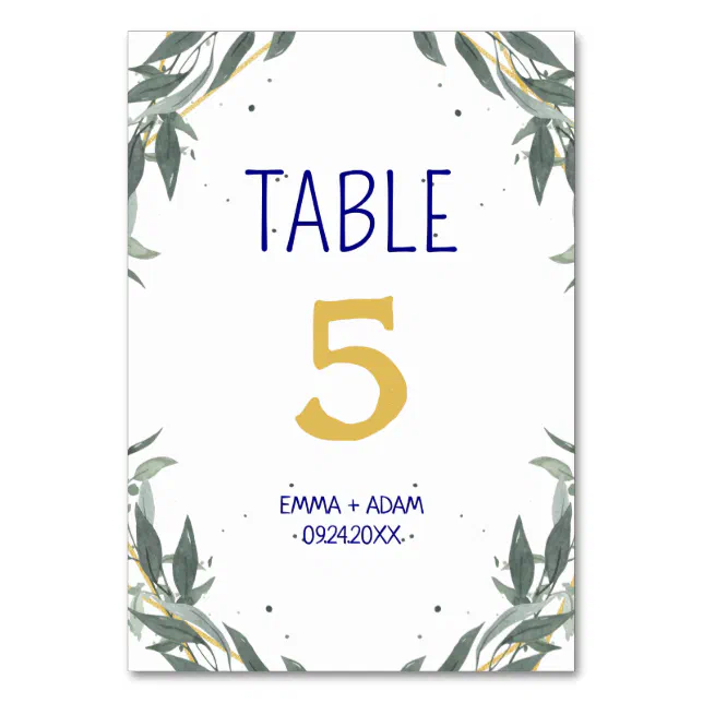 Simple Eucalyptus Greenery Navy Blue and Gold Table Number