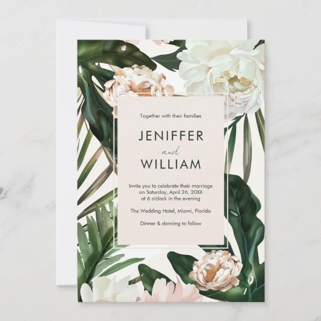 Peach White Peonies & Green Leaves Floral Wedding Invitation