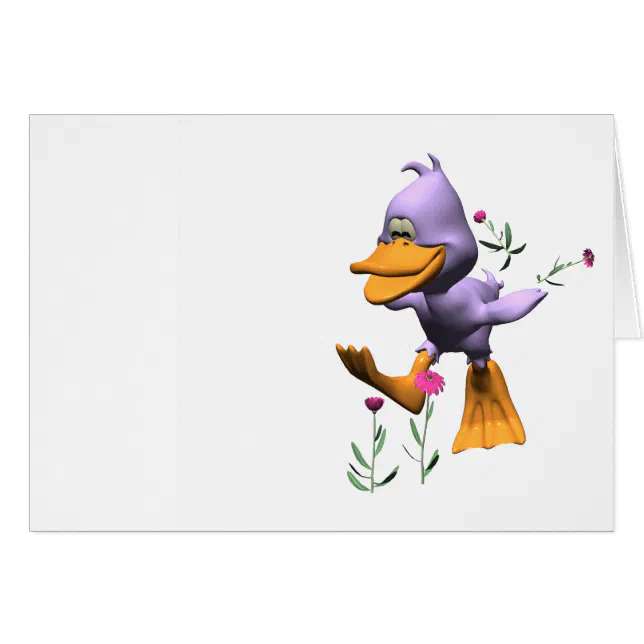 Cute Happy Cartoon Duck Running Through Flowers