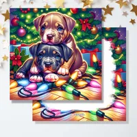 Two Cute Puppies Playing under the Christmas Tree Holiday Card