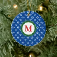 Wreath Monogram Your Name White Snowflakes Blue Ceramic Ornament