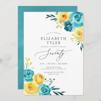 Turquoise and Yellow Floral 70th Birthday Party Invitation