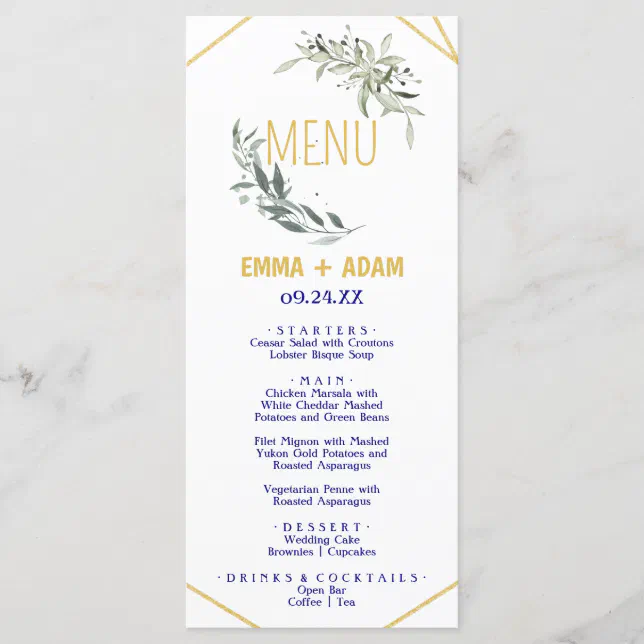 Simple Eucalyptus Greenery Navy Blue and Gold Menu