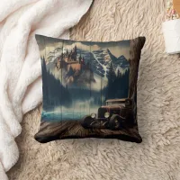 Vintage Car Near Castle and Snowy Mountains Throw Pillow