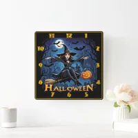 Witch soars over haunted town on Halloween Square Wall Clock