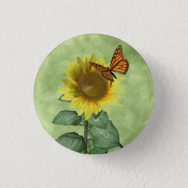 Pretty Yellow Sunflower and Orange Butterfly Pinback Button