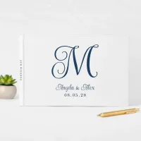 Navy Blue Pretty Curly Wedding Monogram Guest Book