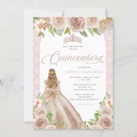 Blush Rose Gold Floral Princess Tiara Quinceañera Invitation