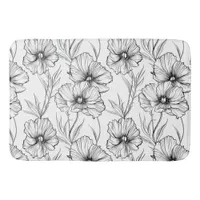 Modern Botanical Black and White Floral Pattern Bath Mat