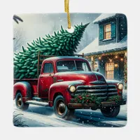 Vintage Truck with Christmas Tree Personalized Ceramic Ornament