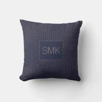 Girly Navy Blue Rose Gold Foil Hexagon Monogram Throw Pillow